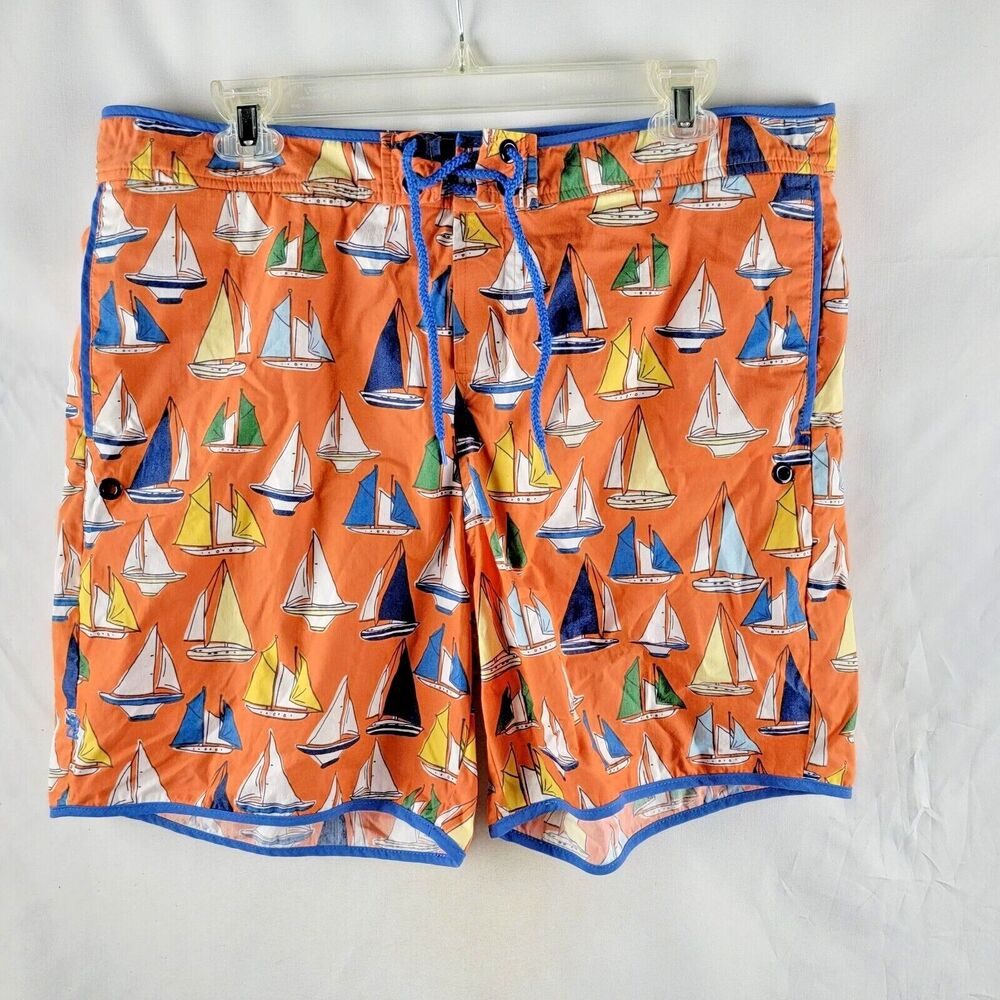 Reyn Spooner Shorts Mens 34 Orange Swim Trunks Boats Graphic Print Cotton Lined